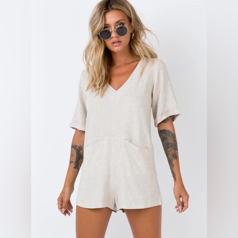 PRINCESS POLLY tan linen Zara romper